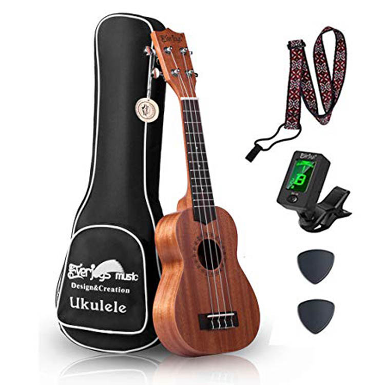 Mahogany Soprano Ukulele Kit - Profesjonell 21 tommers m / Case Strap Tuner Aquila Strings EVUKP