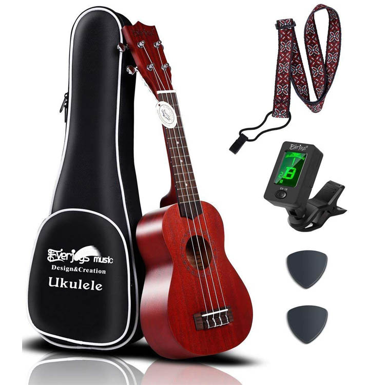 Mahogany Soprano Ukulele Kit - Profesjonell 21 tommers m / Case Strap Tuner Aquila Strings EVUKP01