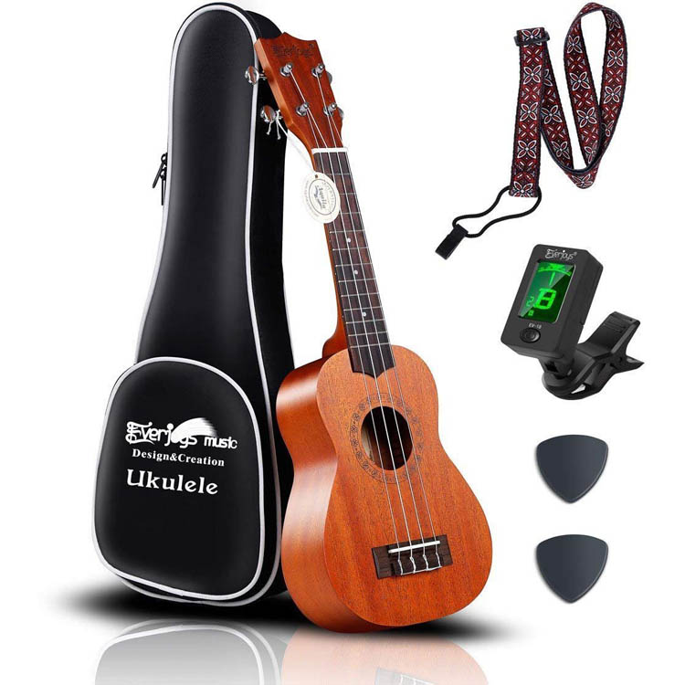 Mahogany Soprano Ukulele Kit - Profesjonell 21 tommers m / Case Strap Tuner Aquila Strings EVUKP02